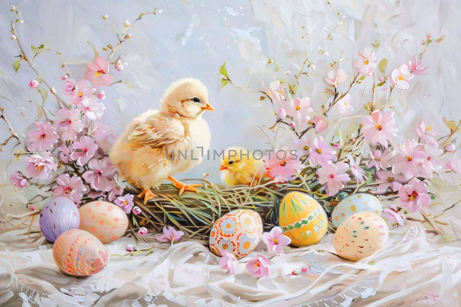 Feasts of the Lord's Resurrection: Easter background with easter eggs, chicks and spring flowers.