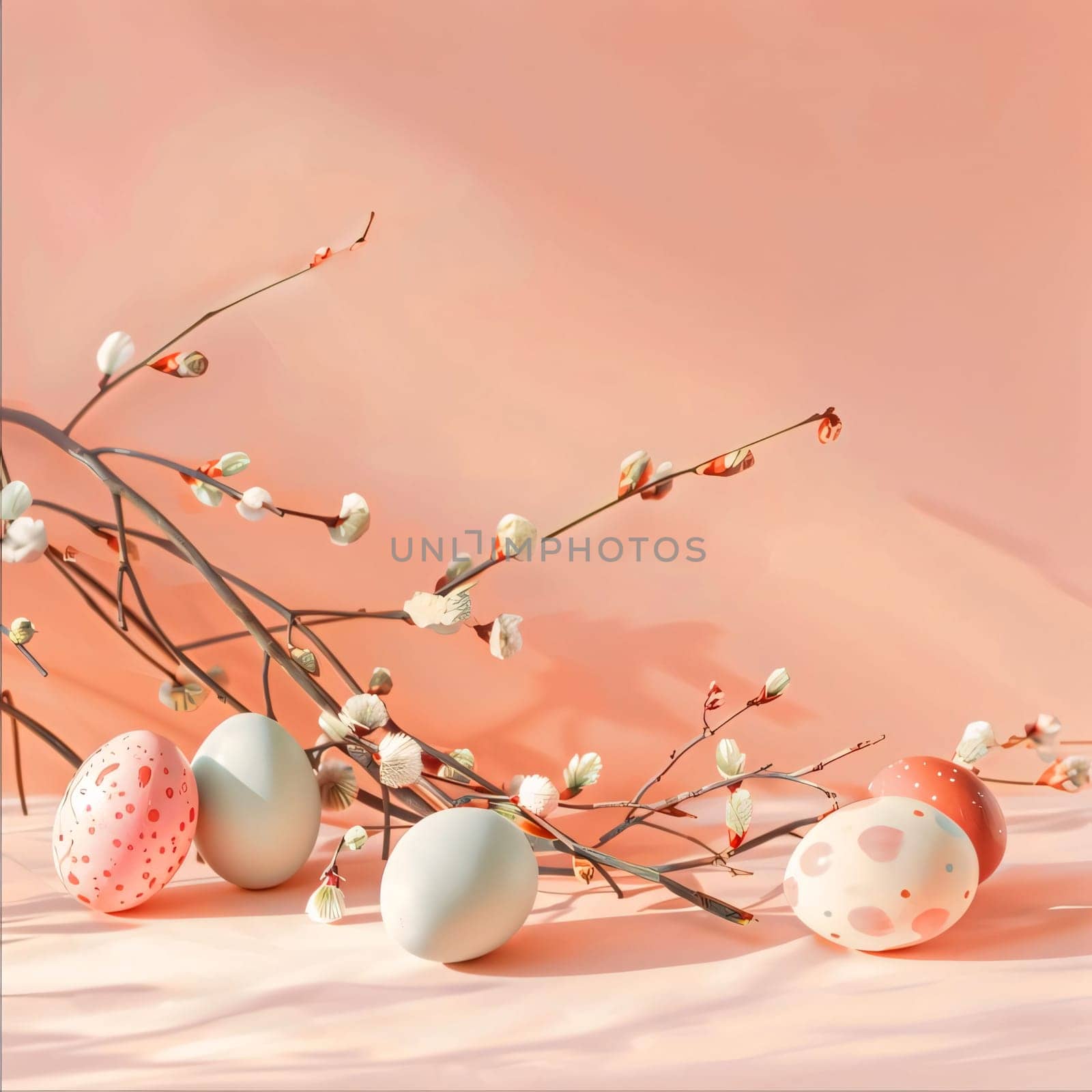 Easter eggs and willow branches on a pastel background. by ThemesS