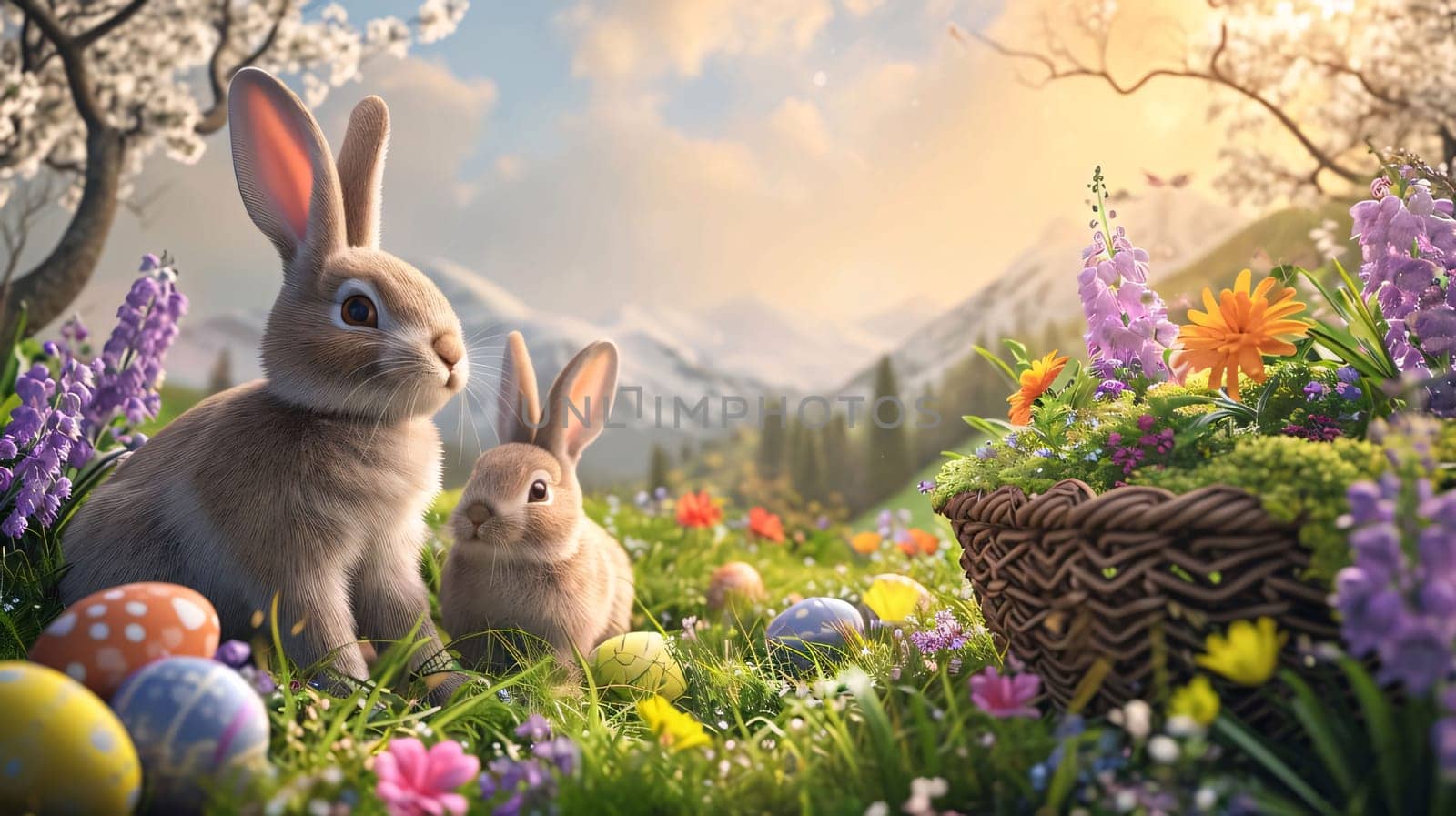 Easter bunny and spring flowers in the meadow. Easter background by ThemesS