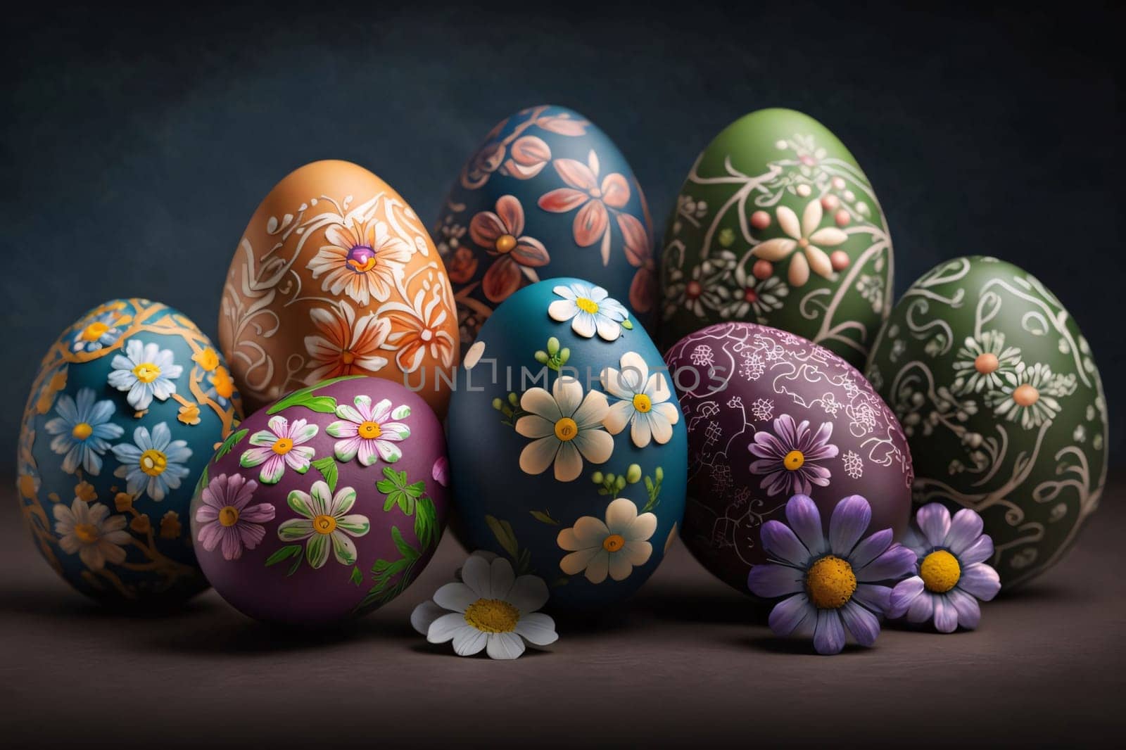 Easter eggs with floral pattern on dark background, 3d render by ThemesS