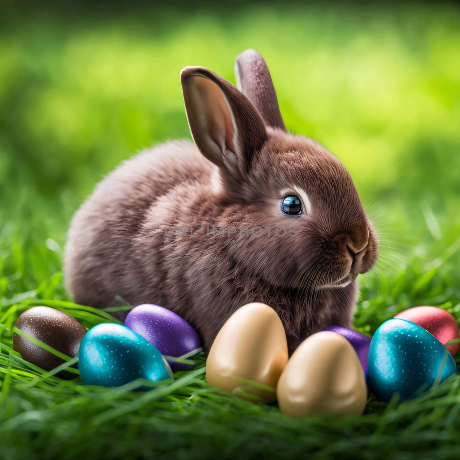 Feasts of the Lord's Resurrection: Easter bunny and colorful eggs on green grass, close-up