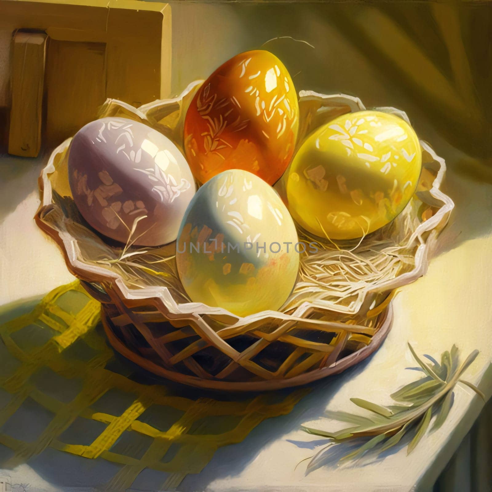 Feasts of the Lord's Resurrection: Easter eggs in a basket on the table, painted in pastel colors