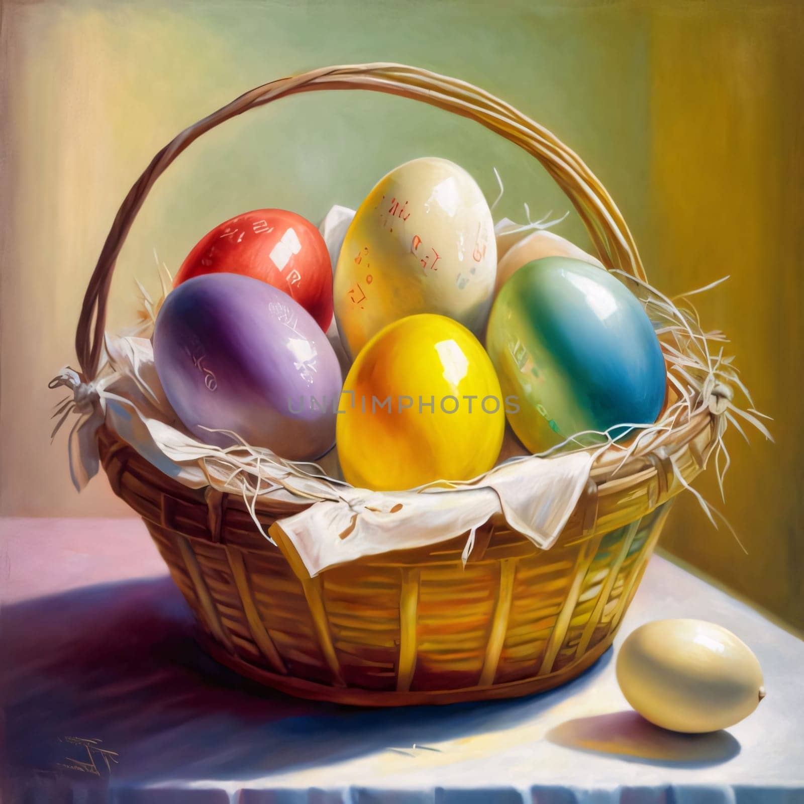 Feasts of the Lord's Resurrection: Easter eggs in a basket on a background of a green wall