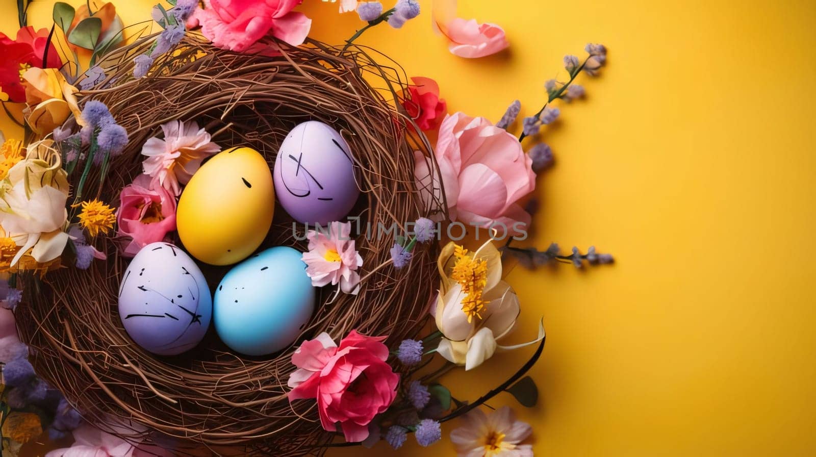 Easter eggs in a nest with flowers on a yellow background. by ThemesS