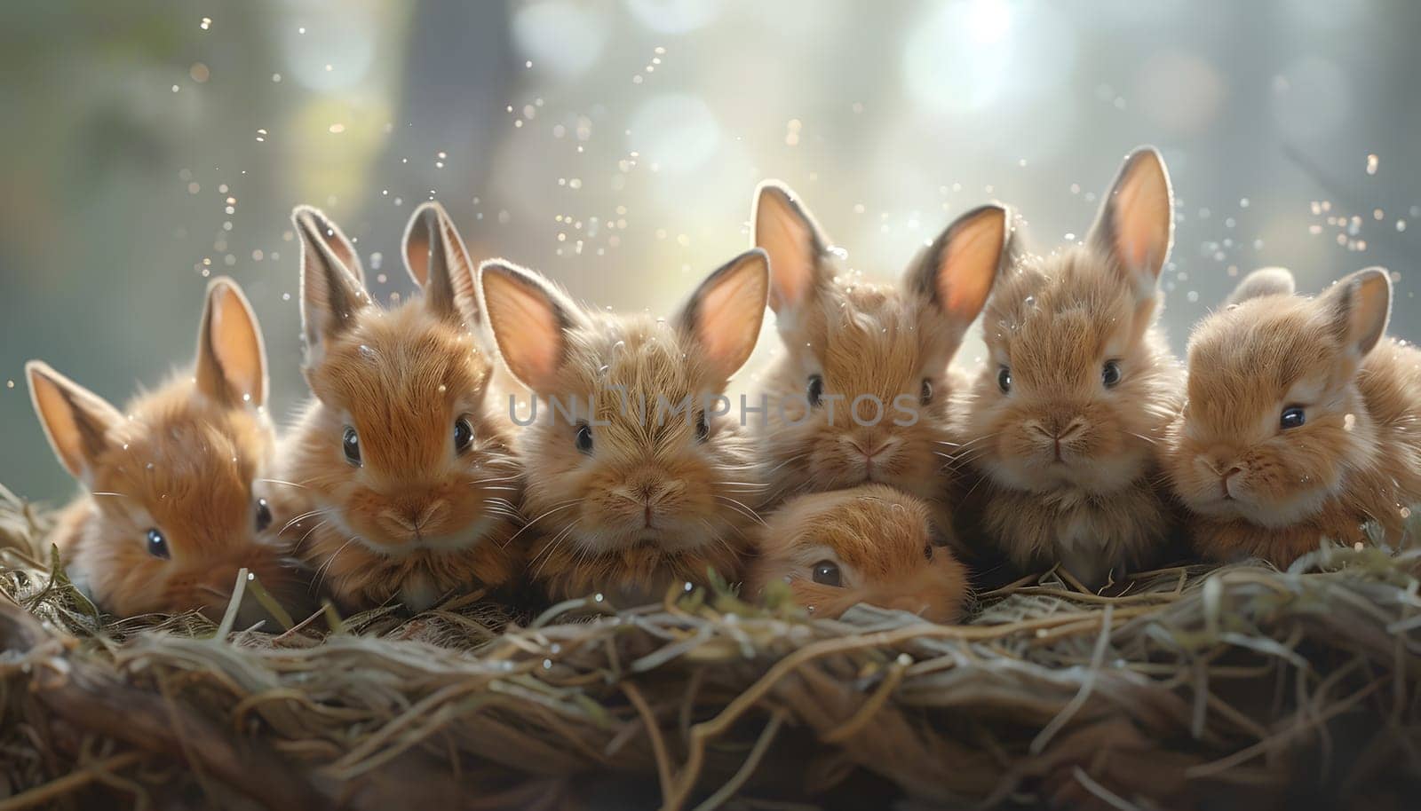 A group of baby rabbits are nestled in a pile of hay by Nadtochiy