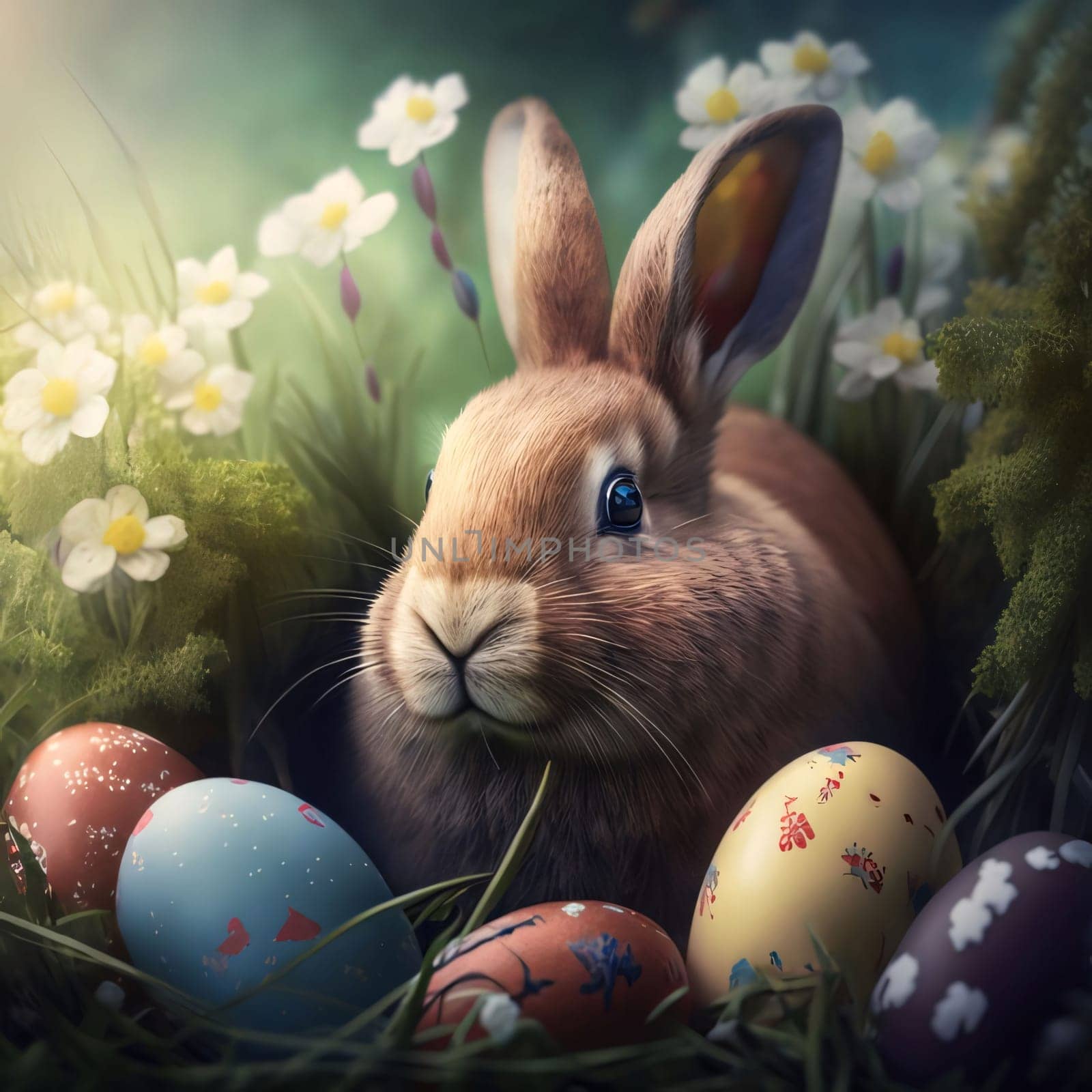 Easter bunny with easter eggs and spring flowers in green grass by ThemesS