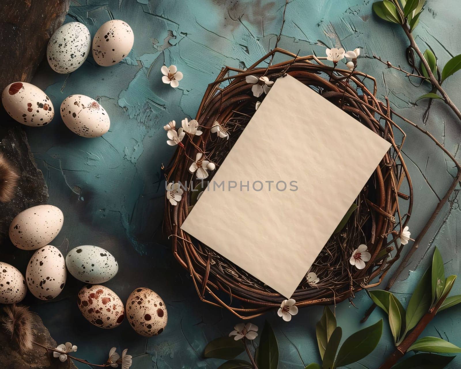 Easter greeting card with nest and quail eggs on blue background by ThemesS