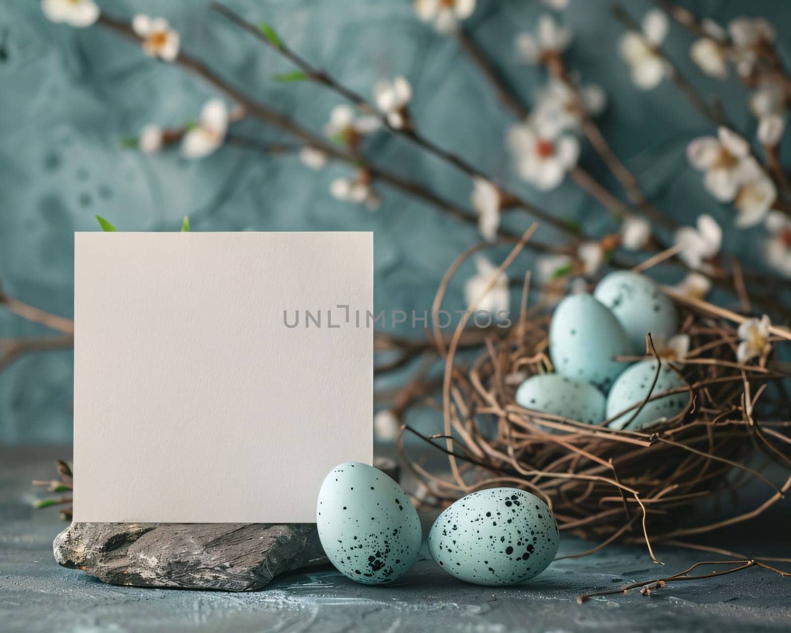 Easter greeting card with quail eggs and willow branches over blue background by ThemesS