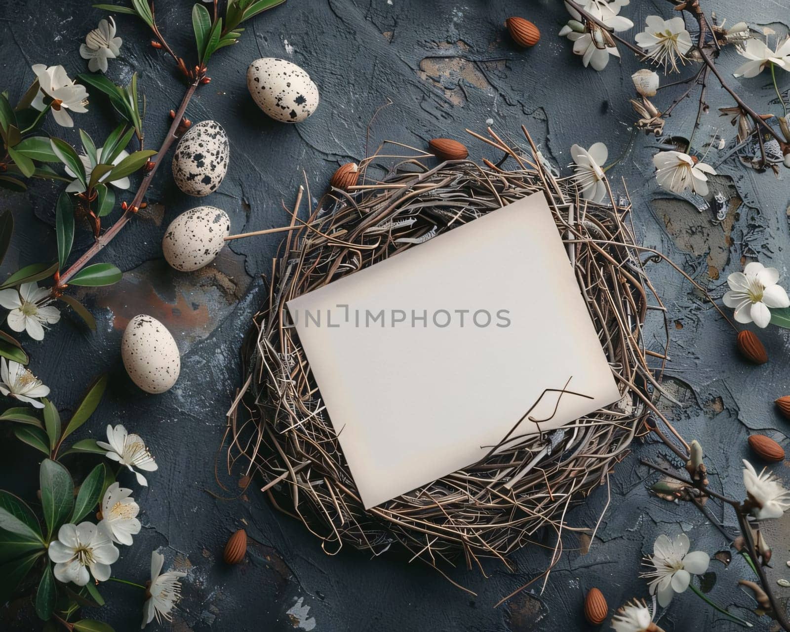 Feasts of the Lord's Resurrection: Easter greeting card with nest, quail eggs and blooming branches on dark background