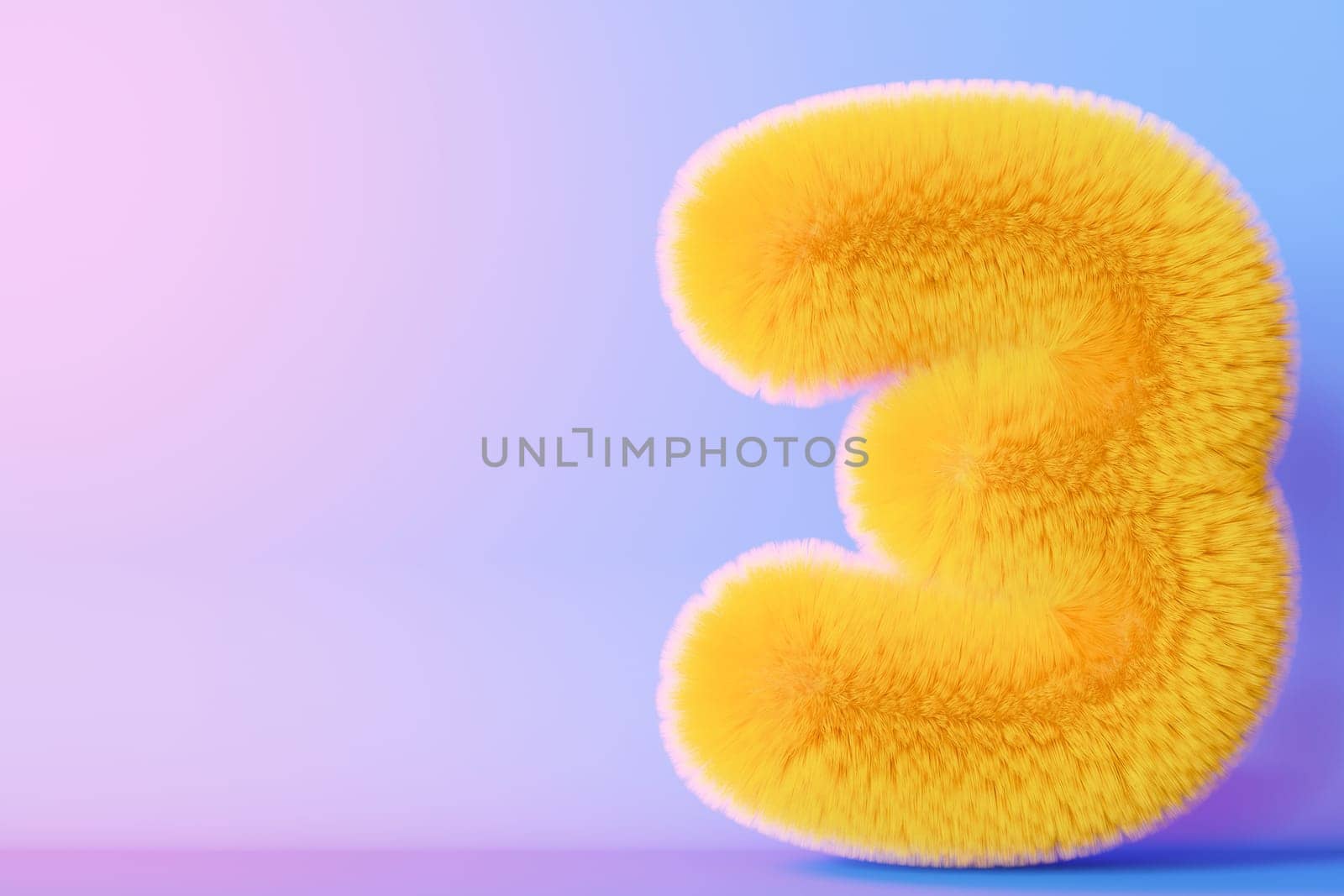 Playful, fluffy number three on gradient background. Yellow symbol 3. Invitation for a third birthday party, or any kids event celebrating a 3rd milestone. Vibrant, neon colors. Copy space. 3D