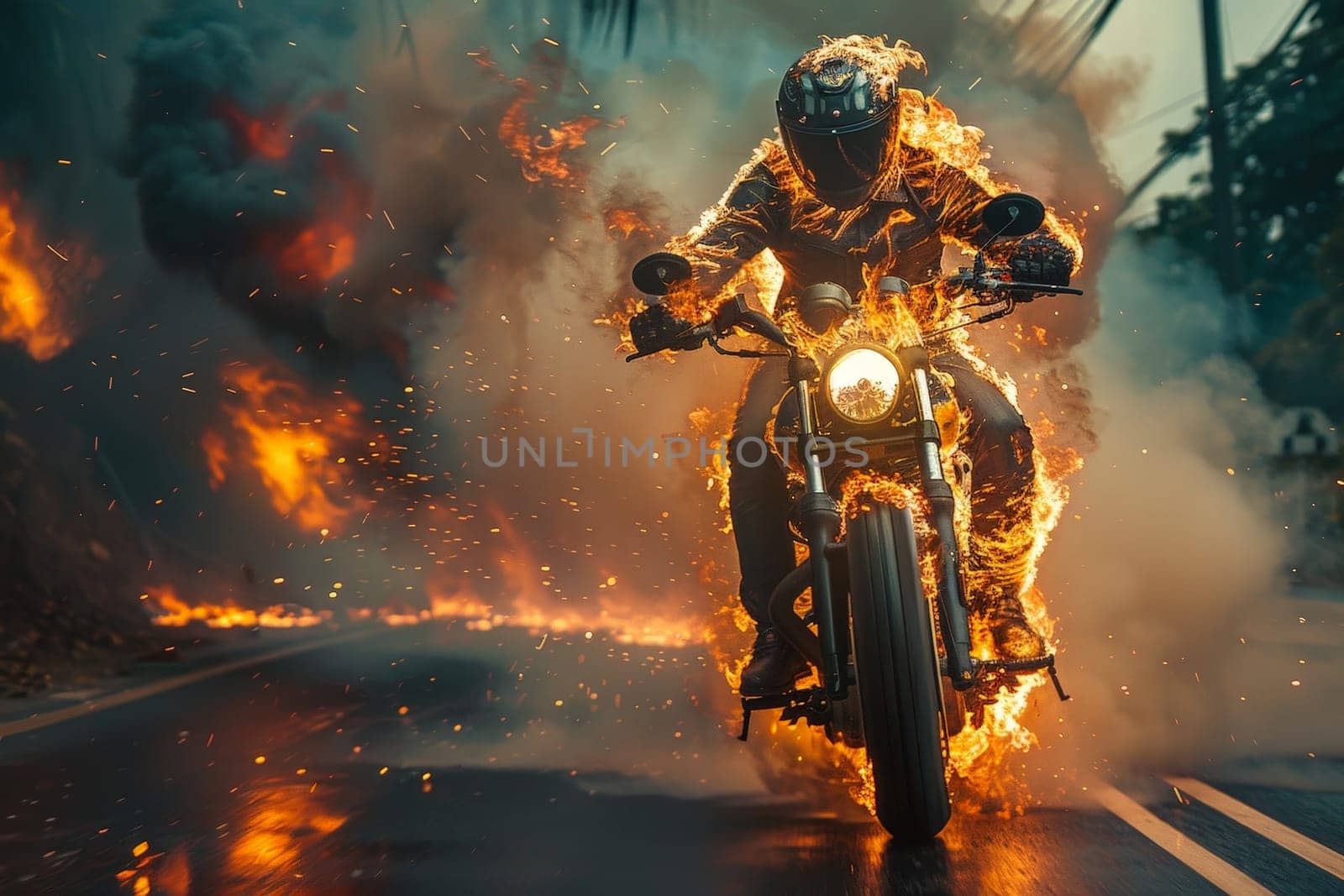 A motorcycle rider on a fiery bike racing down a rural road in scorching heat, Biker in summer.