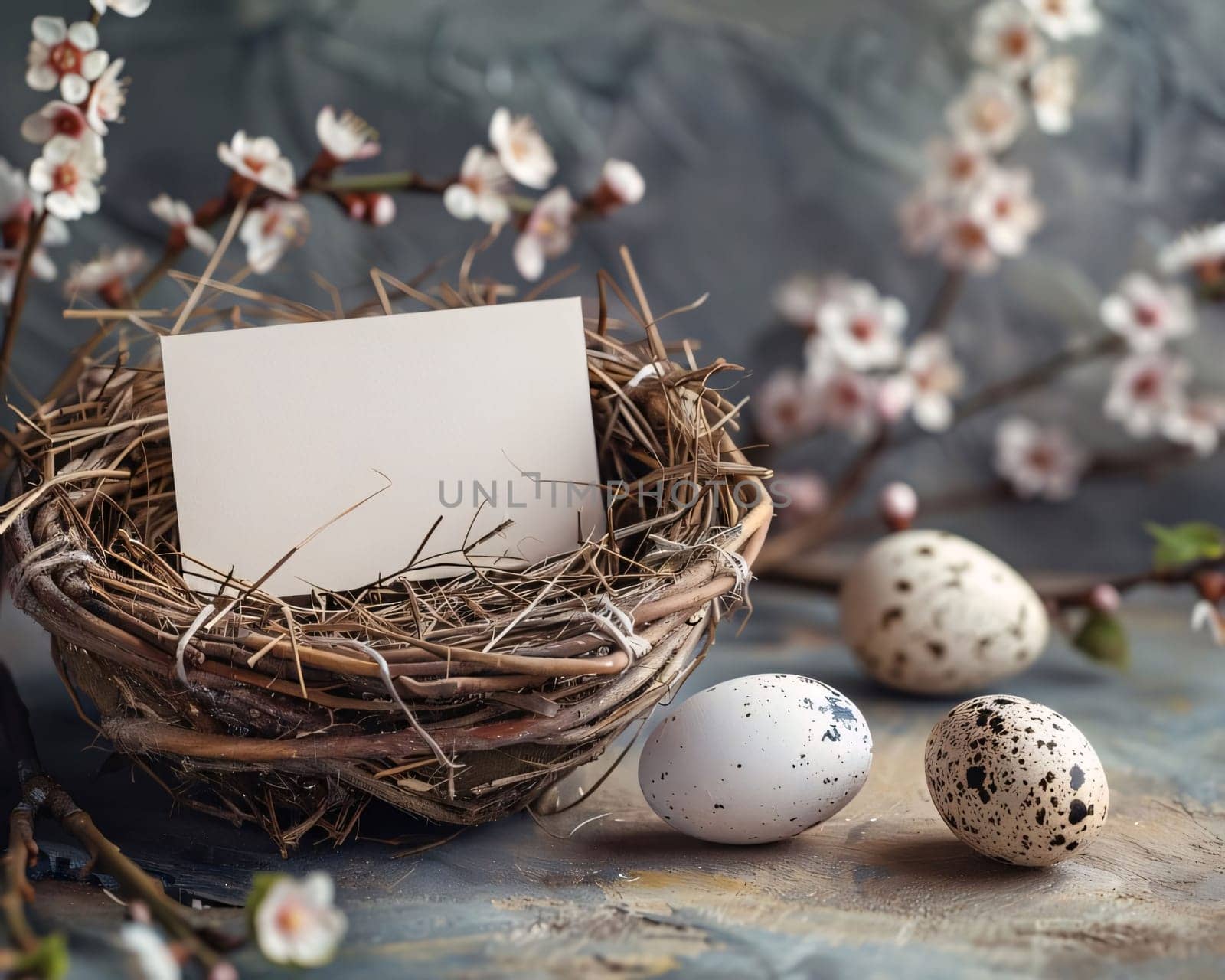 Feasts of the Lord's Resurrection: Easter greeting card with quail eggs in a nest on a gray background