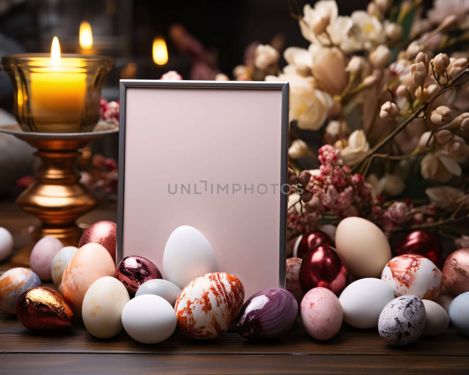 A beautiful display of colorful Easter eggs and fresh spring flowers surrounding a blank picture frame, perfect for festive designs.