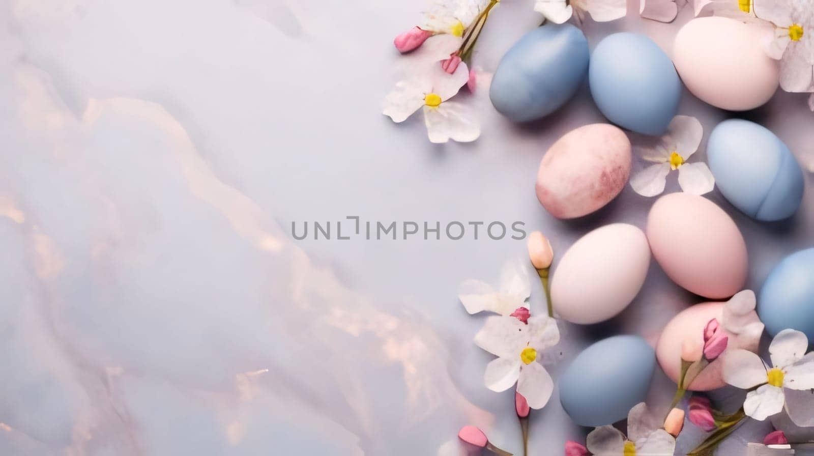 Feasts of the Lord's Resurrection: Easter eggs and spring Flowers background. Happy Easter concept.