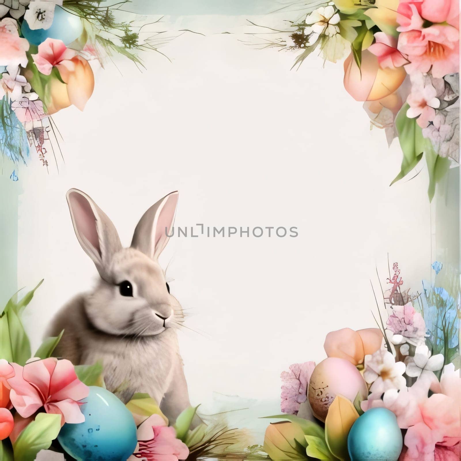 Feasts of the Lord's Resurrection: Easter background with bunny, eggs and flowers. Greeting card.