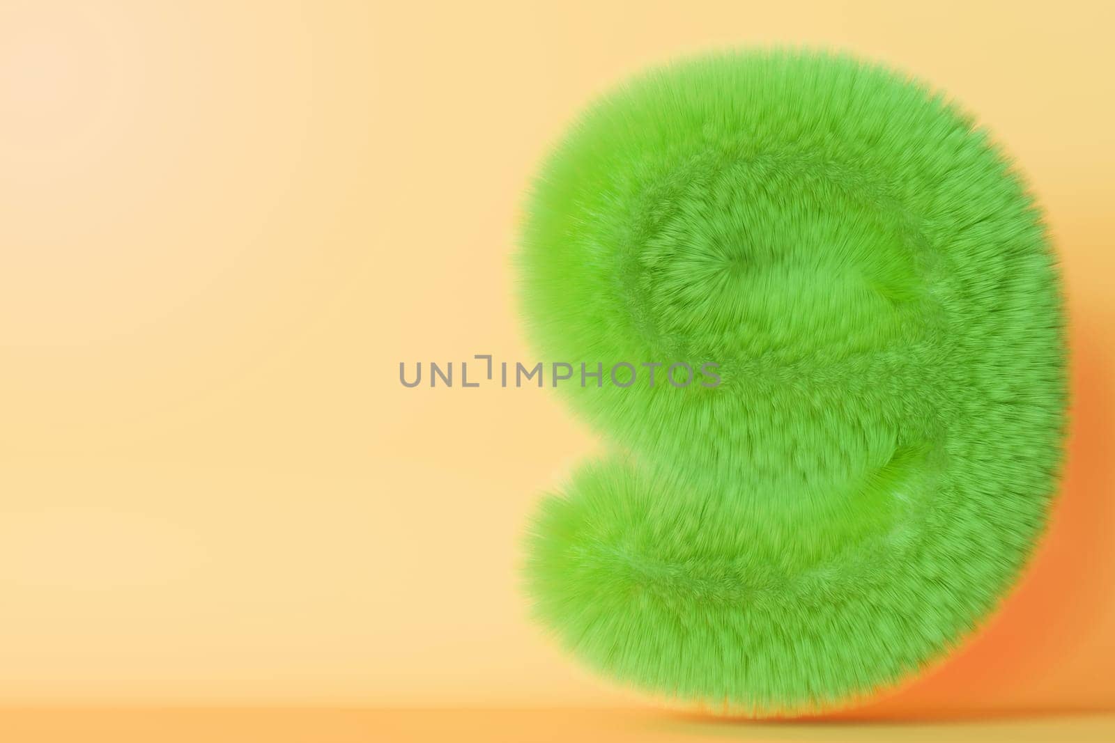 Playful, fluffy number nine on yellow background. Green symbol 9. Ninth birthday party. Festive kids event. Vibrant, neon colors. Greeting card for children. Copy space for text. 3D render