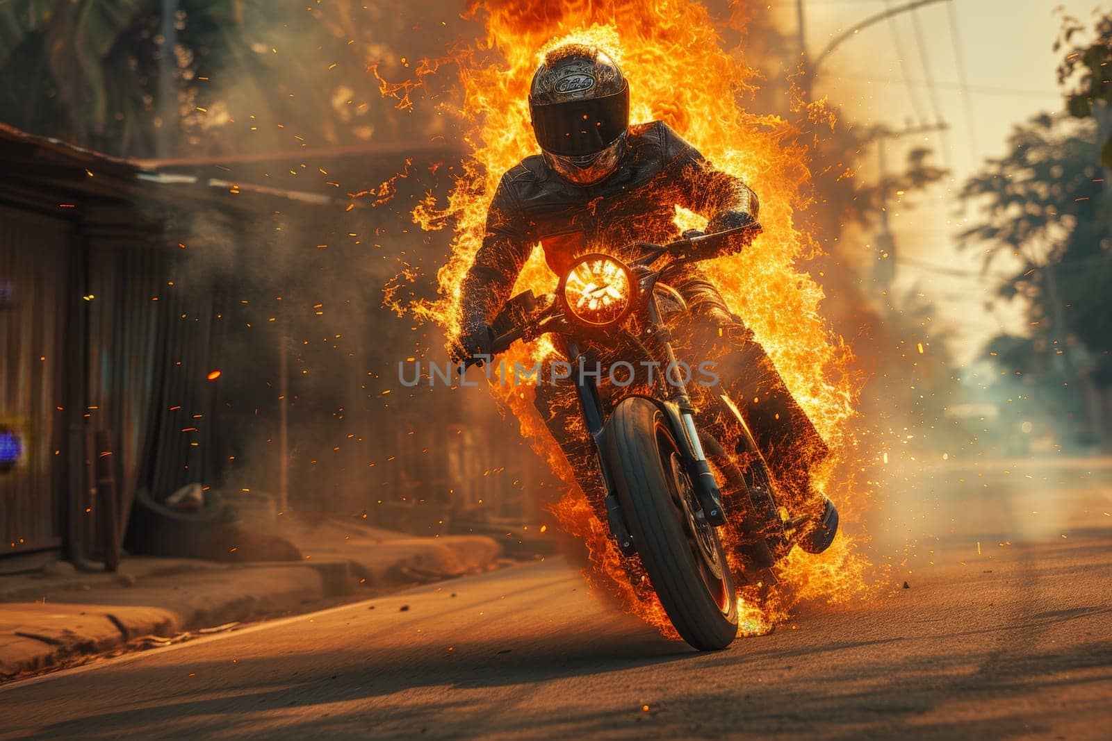 A motorcycle rider on a fiery bike racing down a rural road in scorching heat, Biker in hot summer by nijieimu