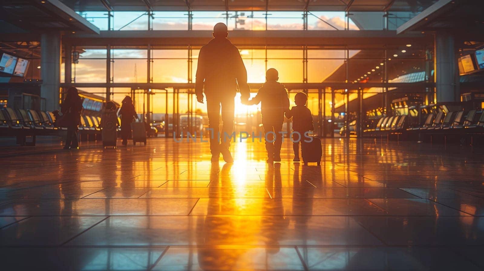 Silhouette of a family at the airport with a plane in the background at sunset by NataliPopova
