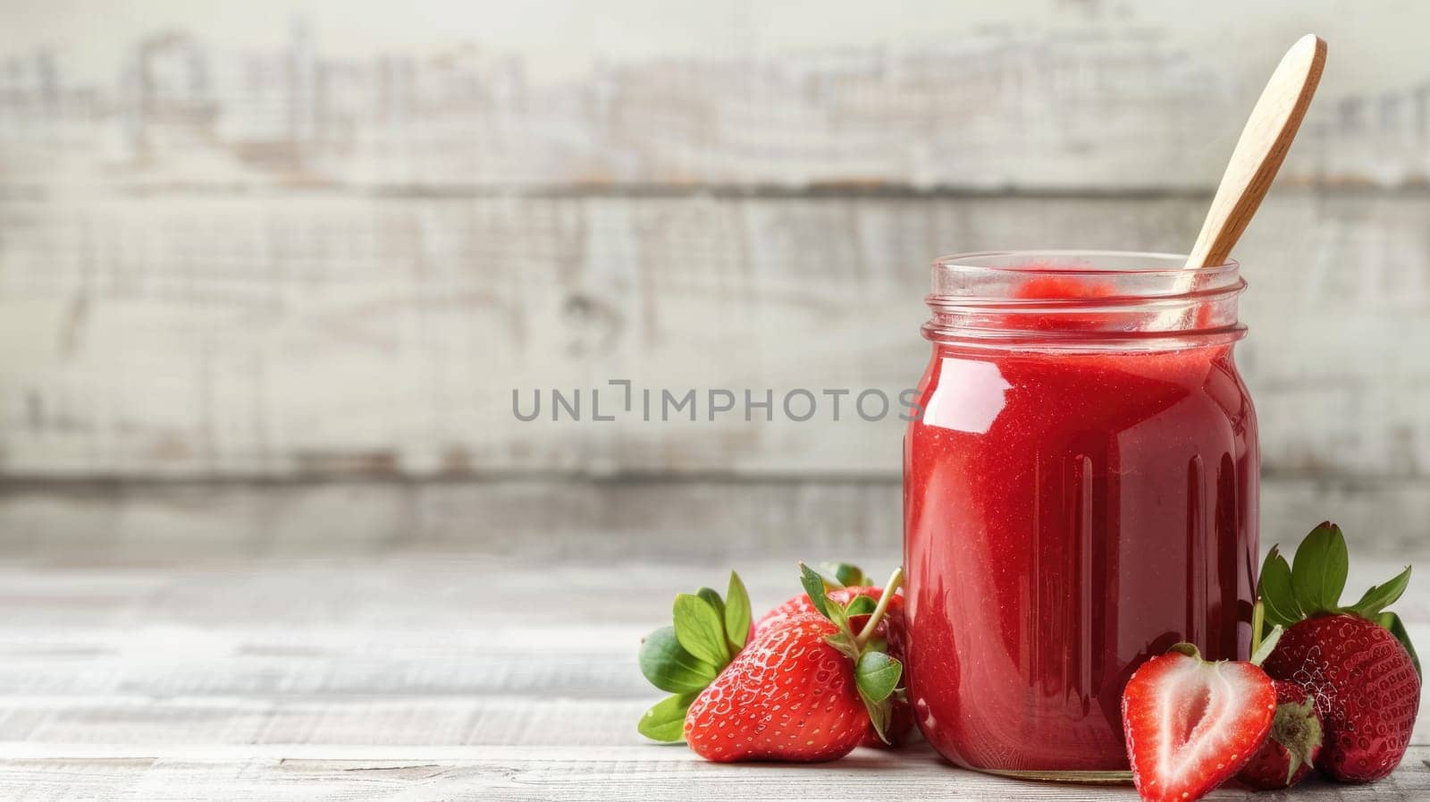 Strawberry puree in glass jar with wooden spoon and whole strawberries on white rustic wooden background with empty space. Healthy food and cooking concept. Ai generation. High quality photo