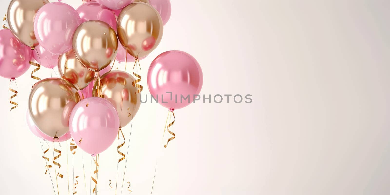 Glossy pink and gold balloons with curly ribbons floating, festive background for birthday party, baby shower, or wedding celebration with copy space. Ai generation. by Lunnica