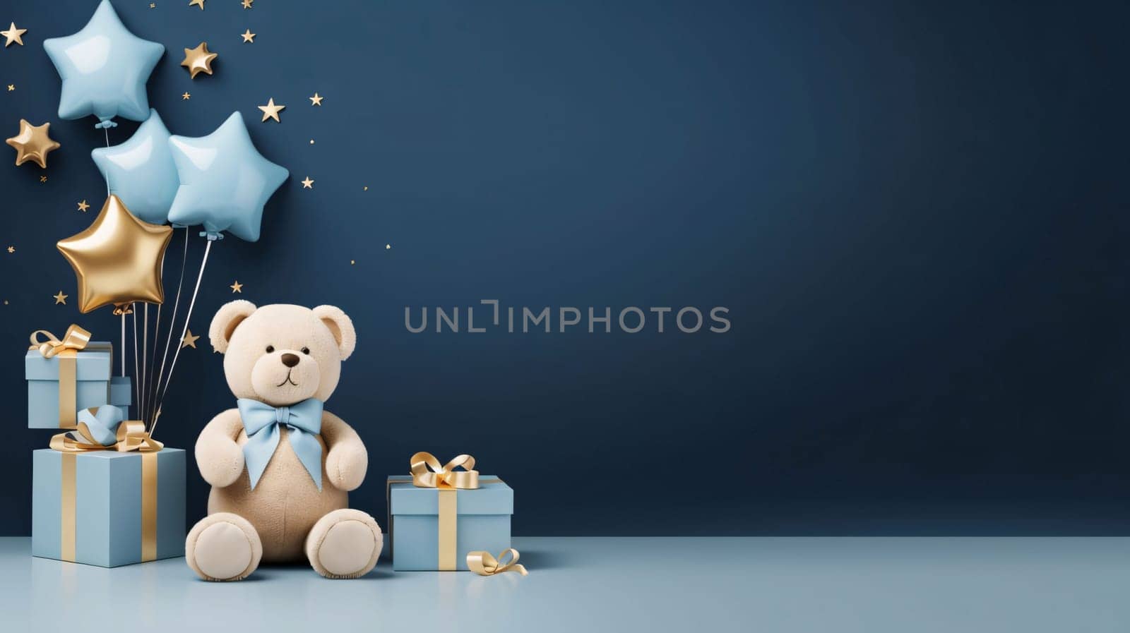 Teddy bear with gift boxes and stars on blue wall background. 3D Rendering by ThemesS