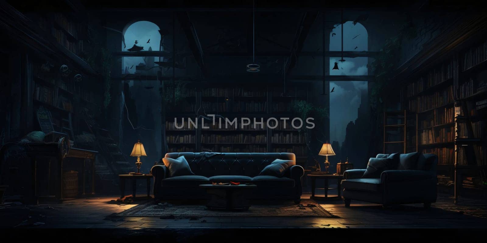 Interior of a dark room with a sofa and a bookcase by ThemesS