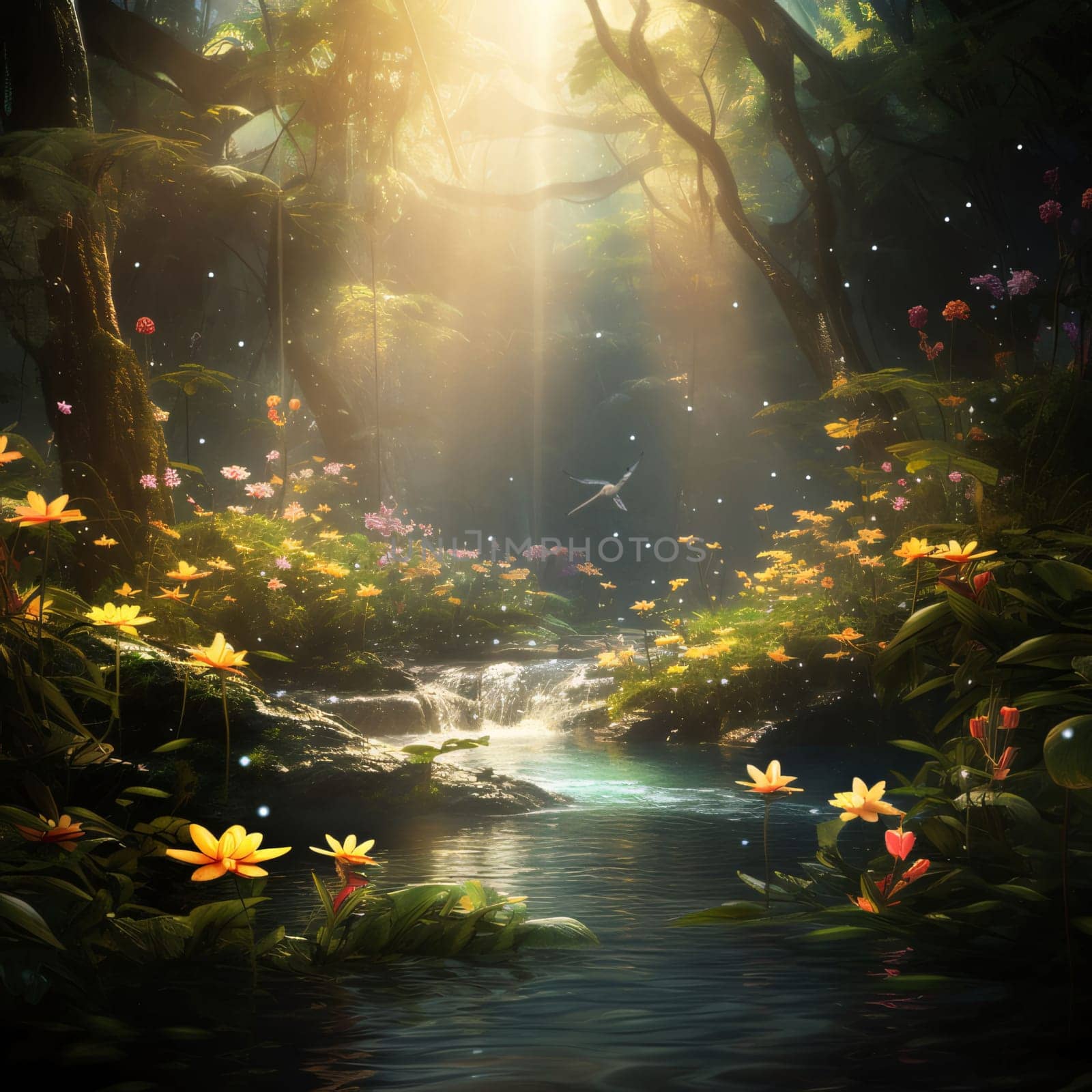 Waterfall in a tropical forest with flowers and birds. Digital painting by ThemesS