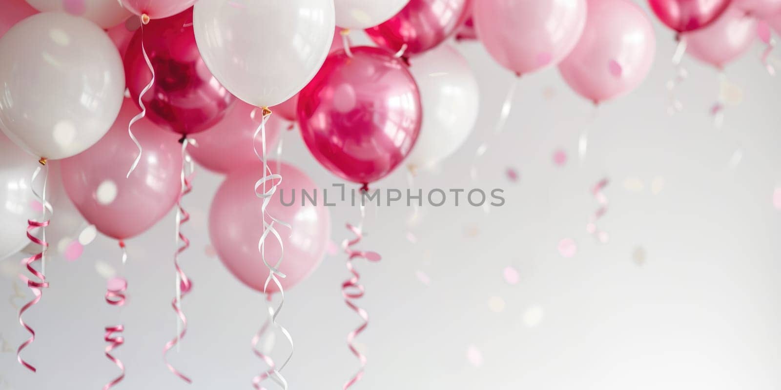 Assorted pink and white balloons with ribbons and confetti, celebration and party decoration theme, ideal for birthday or wedding invitation design. Ai generation. High quality photo