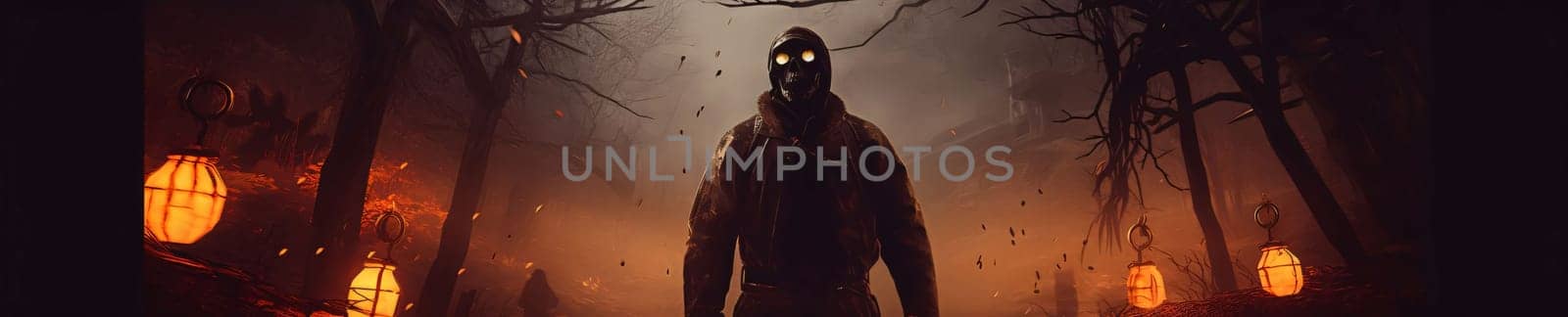 Man in gas mask and gas mask standing in the dark forest. Halloween concept by ThemesS