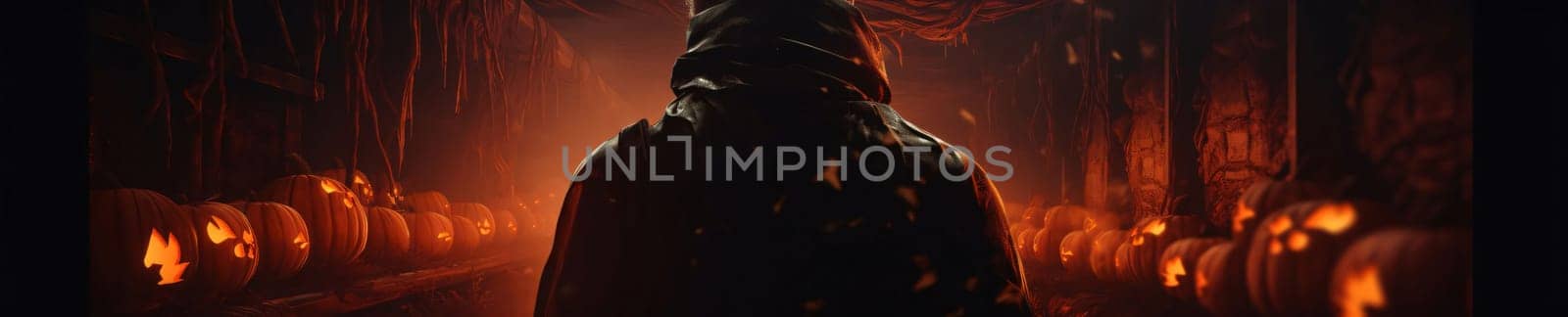 Banner: Halloween concept. Silhouette of a man in the dark with pumpkins on the background.