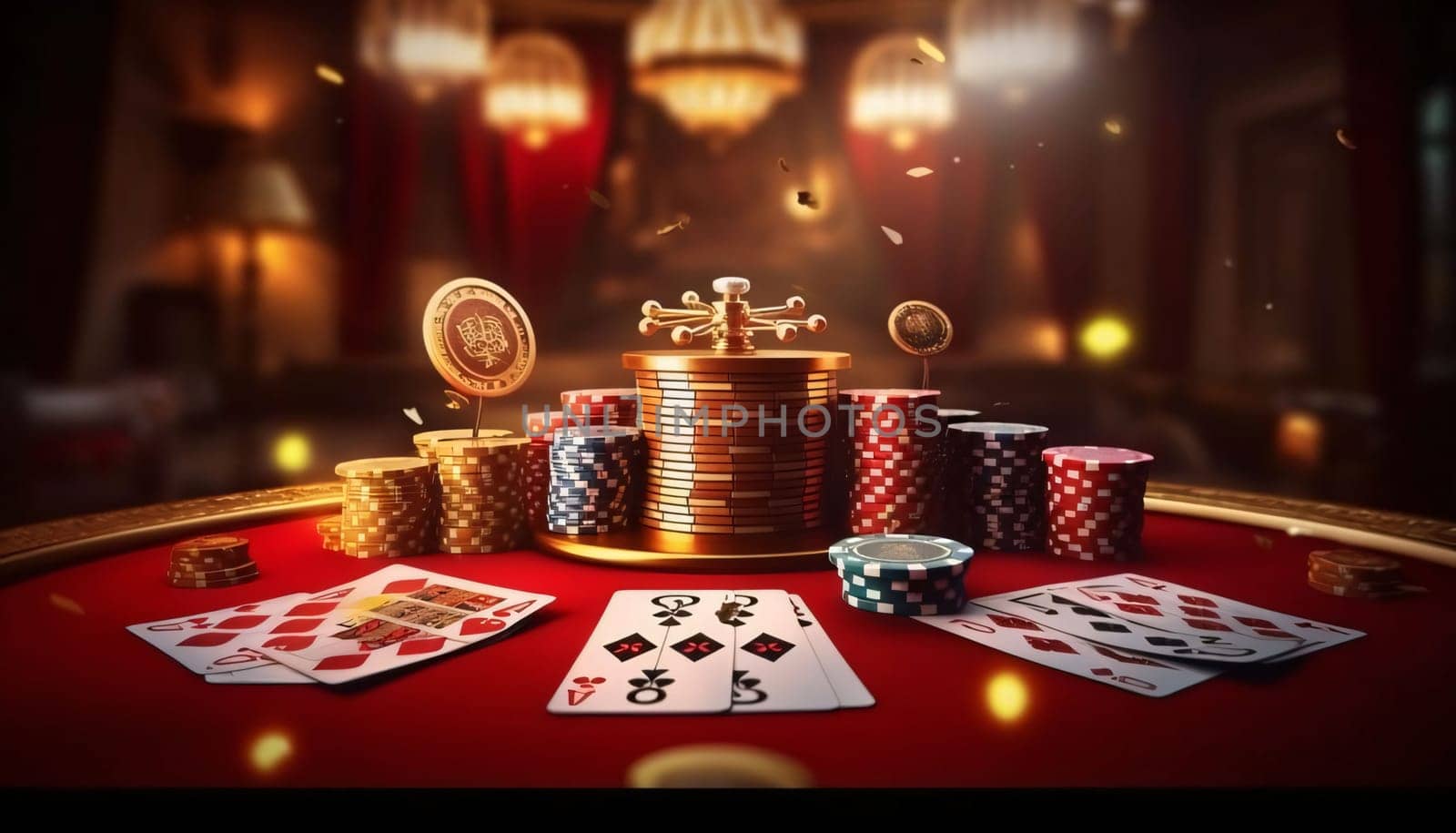Poker chips and cards on red casino table. 3d rendering by ThemesS