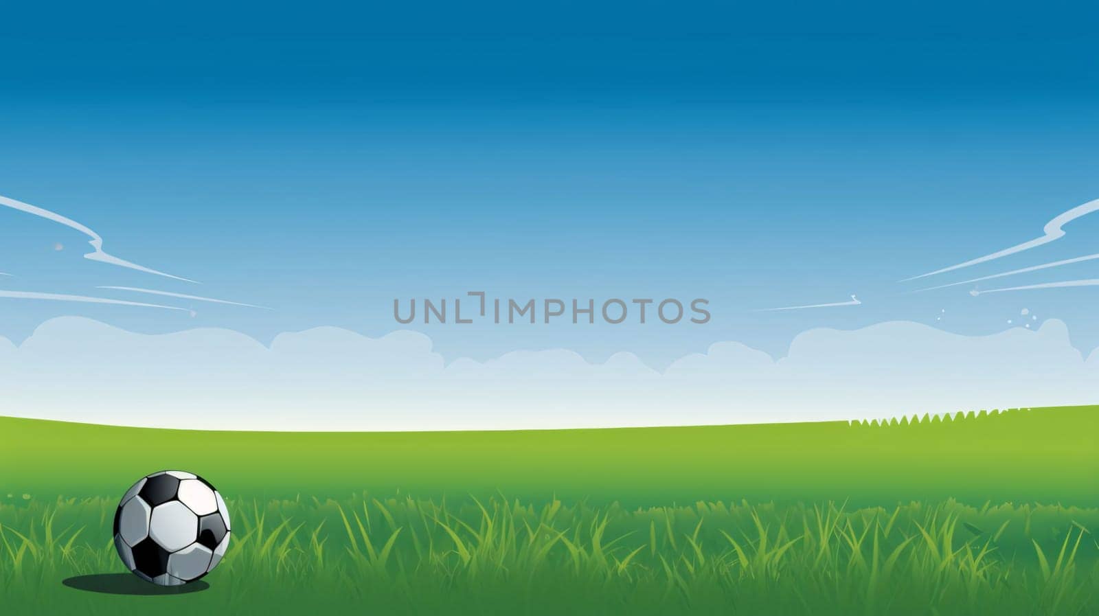 Banner: Soccer ball on green grass and blue sky background. Vector illustration.