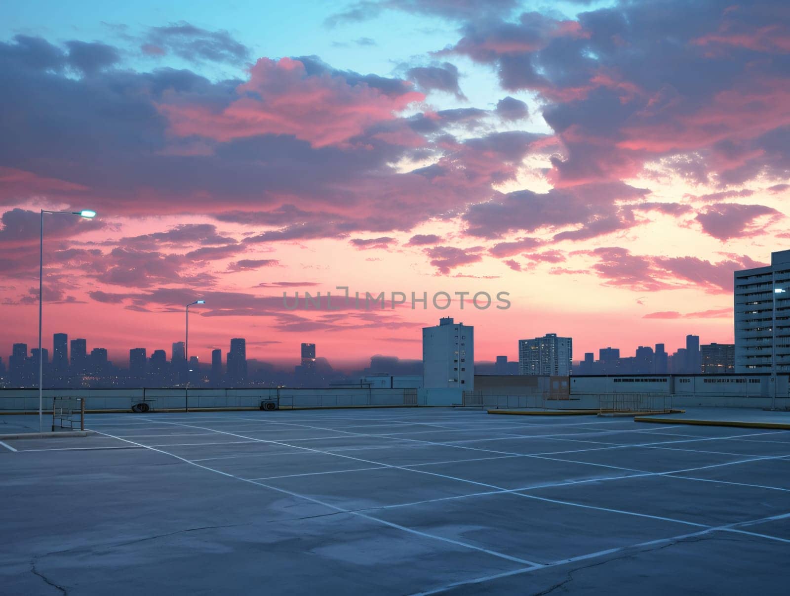Banner: empty parking lot with cityscape in the background at sunset,shanghai
