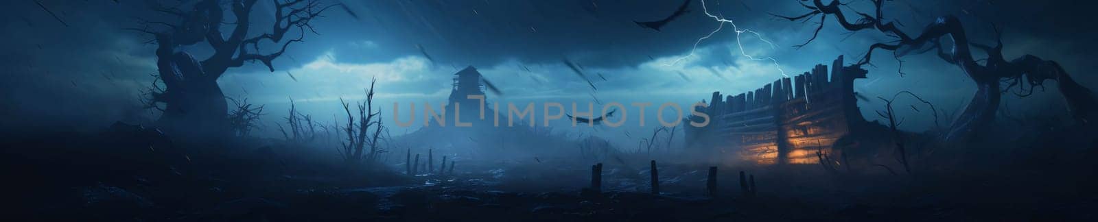 Banner: Scary spooky Halloween background with haunted house and dead trees. Scary Halloween background