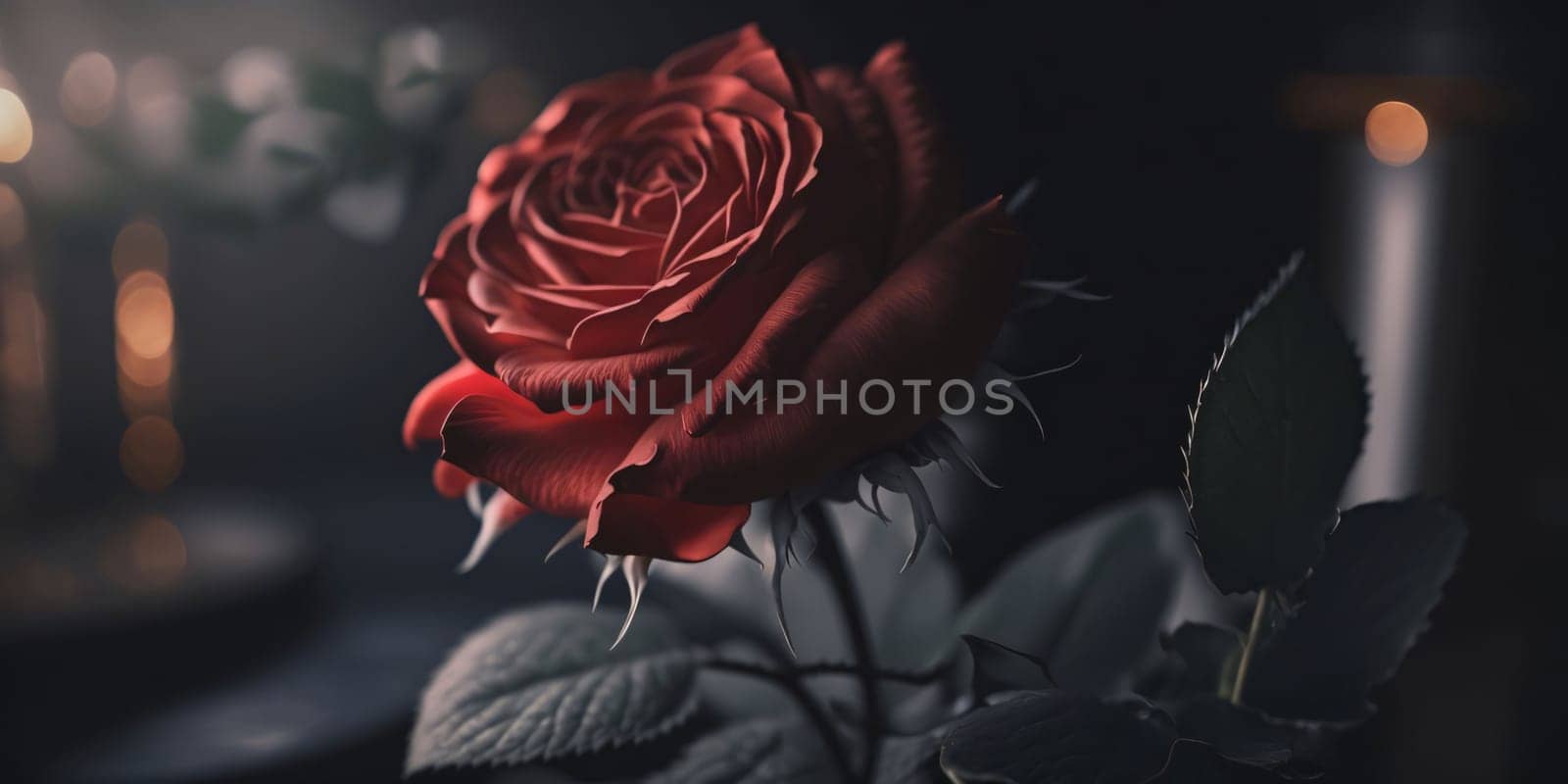 Banner: Beautiful red rose in a vase on a dark background.