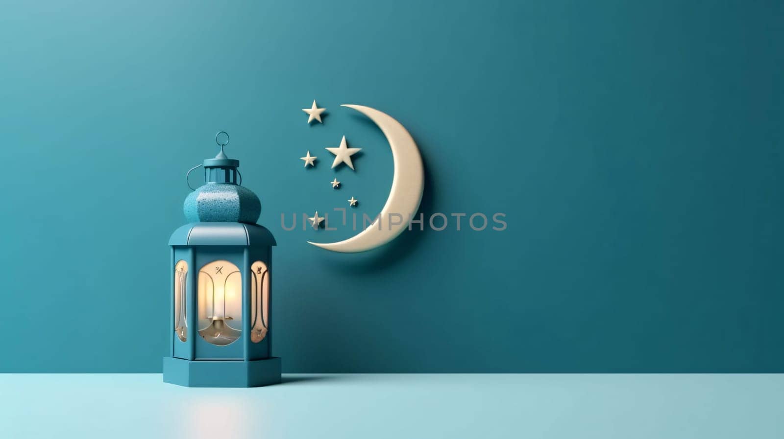 Banner: Ramadan Kareem lantern with crescent moon and stars on blue wall background