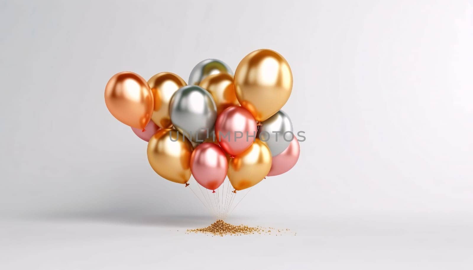 Colorful balloons with sand flying on white background. 3D rendering by ThemesS