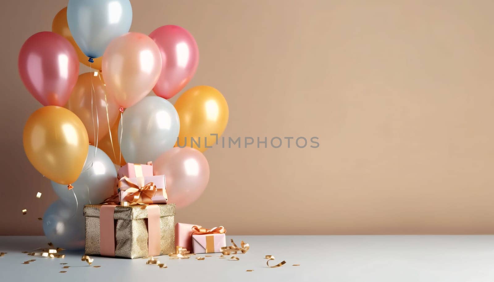 Banner: Gift box with colorful balloons and confetti on pastel background