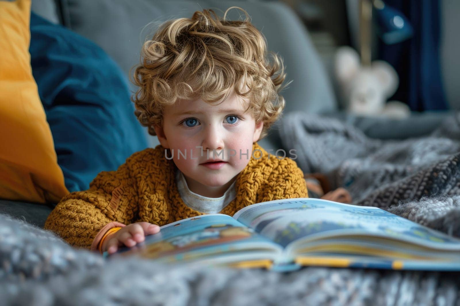 Cute boy in casual clothes reading a book and smiling while lying on rug in the room. ai generated