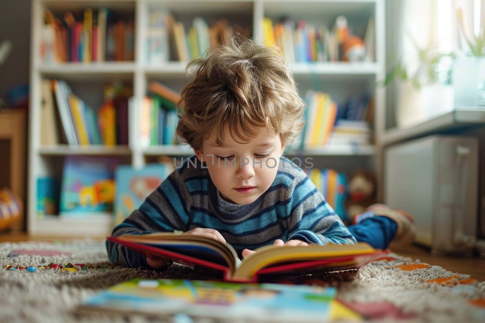 Cute boy in casual clothes reading a book and smiling while lying on rug in the room. ai generated