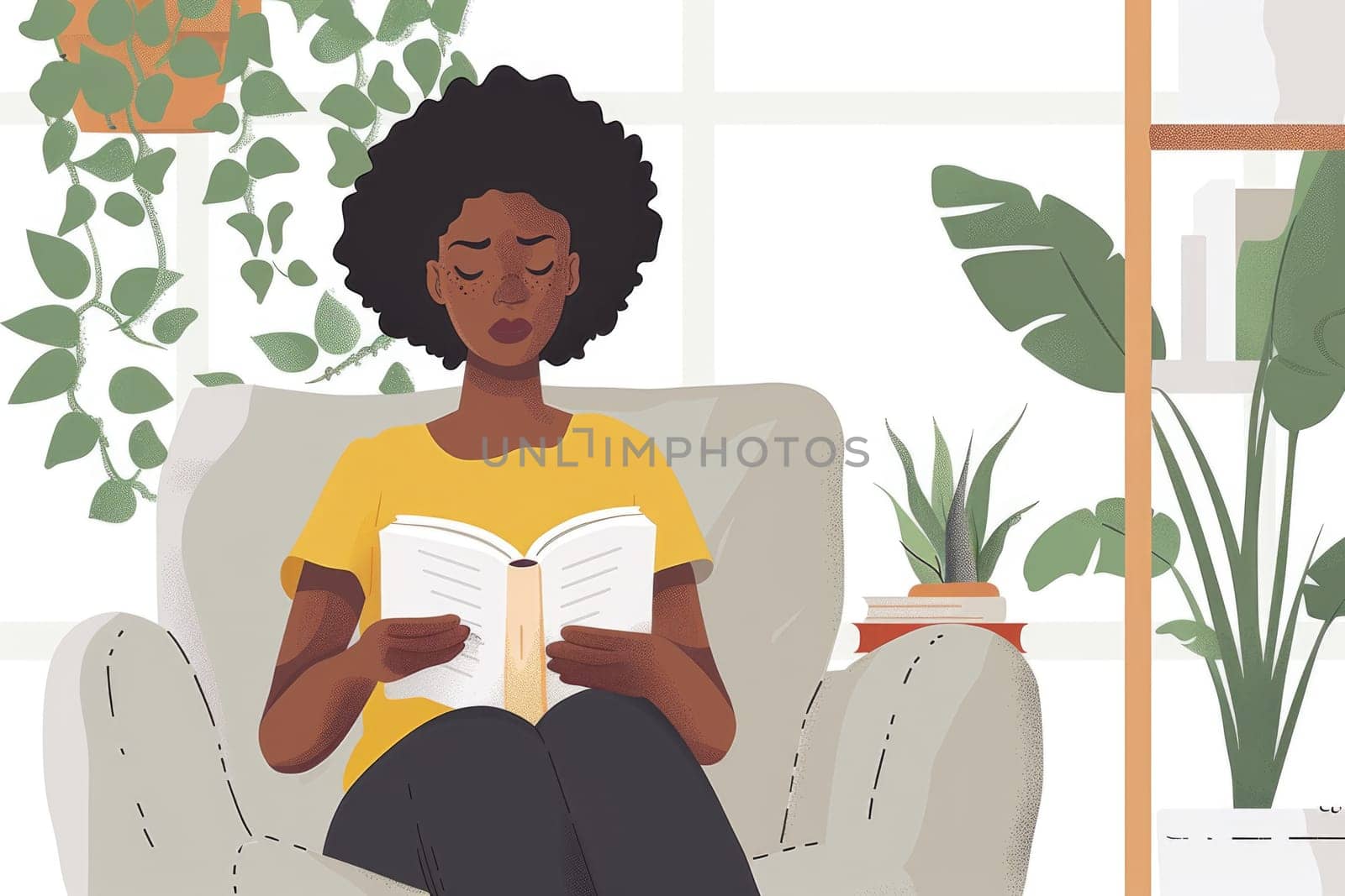 young woman reading a book at home. ai generated by Desperada
