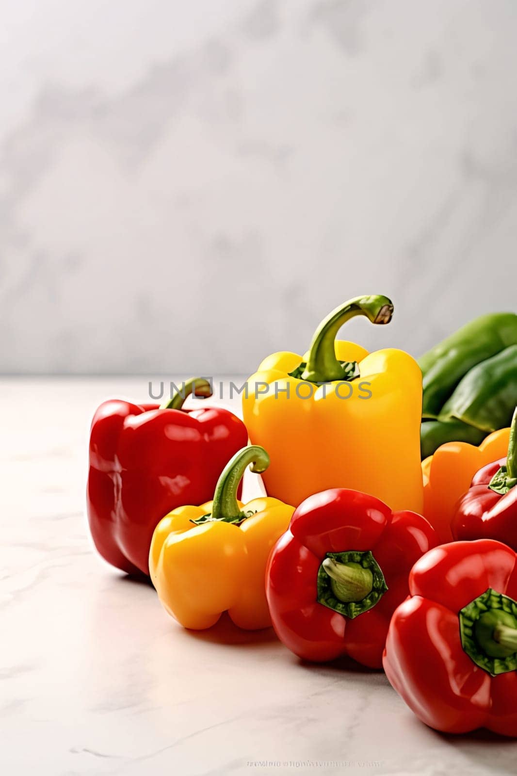 Fresh bell peppers on white marble table, closeup. Space for text by ThemesS