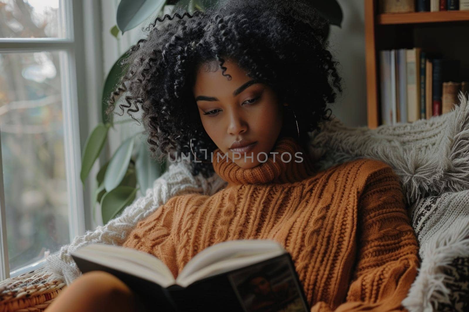 young african american woman reading a book at home. ai generated