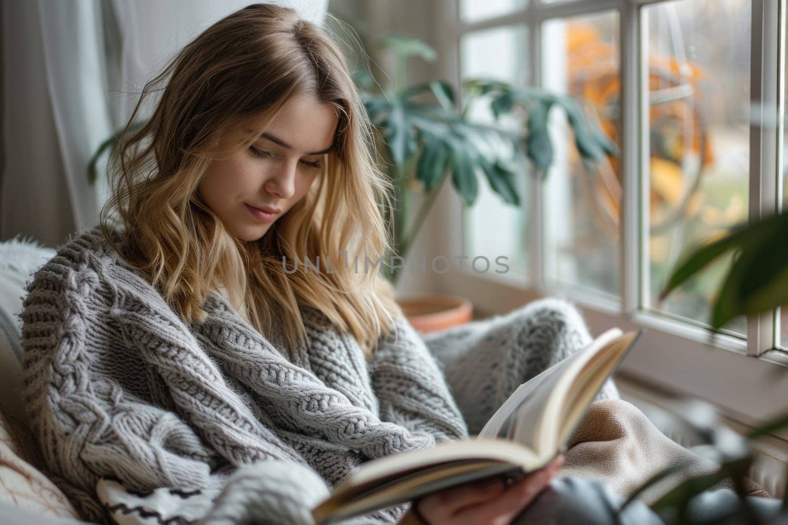 young woman reading a book at home. ai generated by Desperada