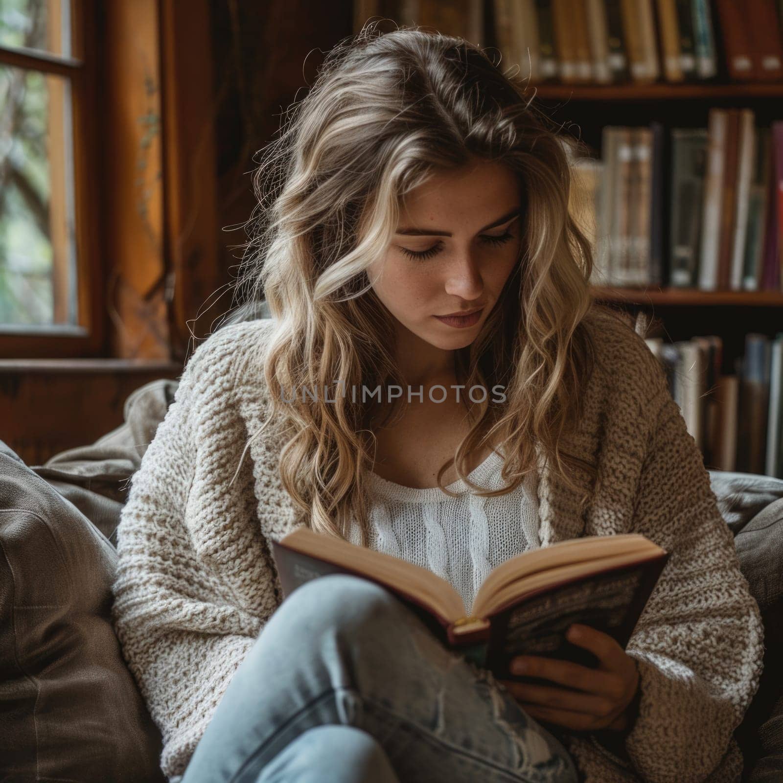 young woman reading a book at home. ai generated by Desperada