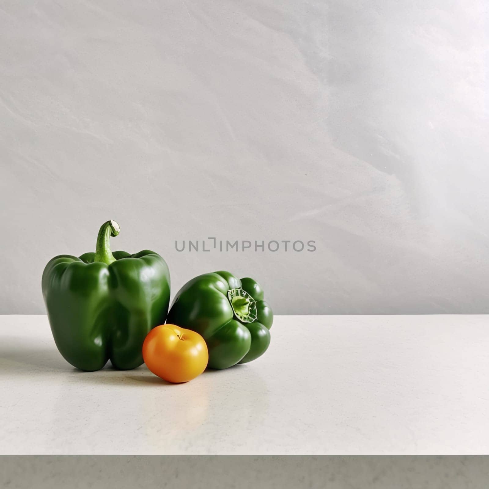 Banner: Bell pepper and tomato on white marble table. Copy space for text.