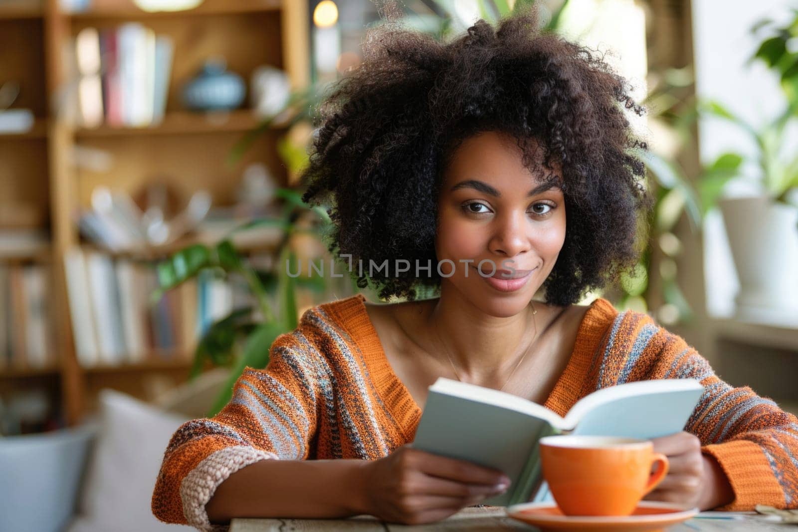 young african american woman reading a book at home and drinking coffee. ai generated