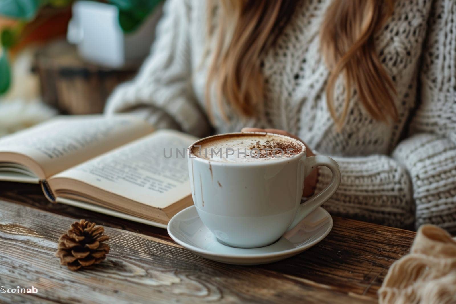 young woman reading a book at home and drinking coffee. ai generated