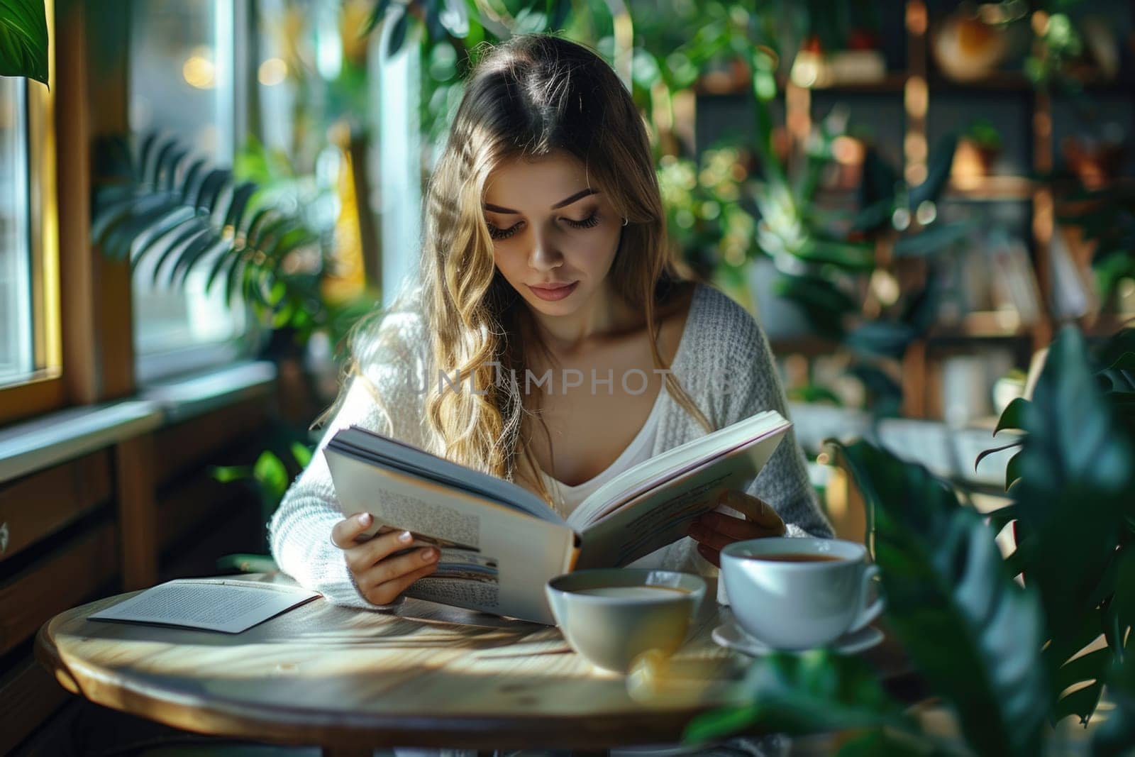 young woman reading a book at home and drinking coffee. ai generated