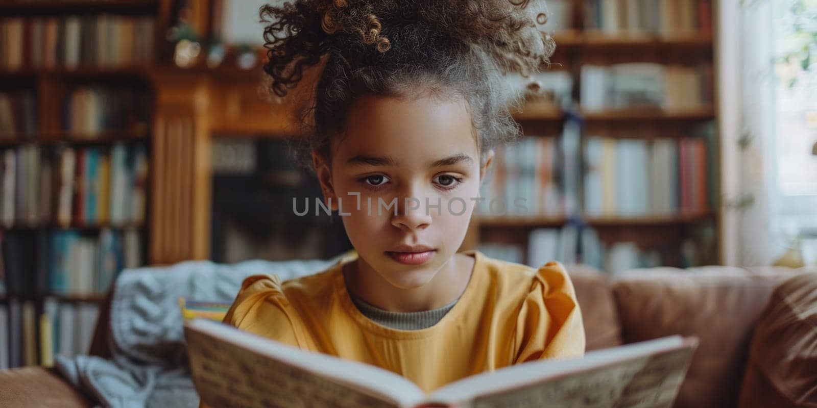 Cute little girl in casual clothes reading a book and smiling while sitting on a sofa in the room. ai generated